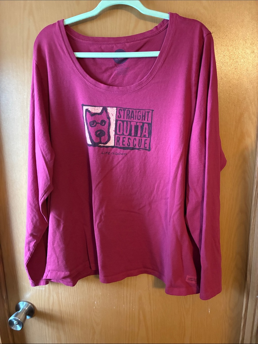 Women’s 3X Life Is Good deep red “Straight Outta Rescue" Dog Graphic Tee